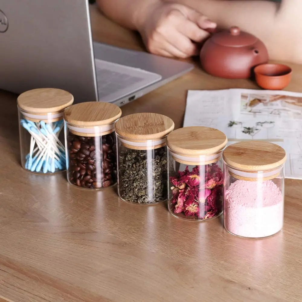 6.5cm 12pcs Set High Airtight Kitchen Food Storage Container Organizers Glass Spice Jar with Bamboo Lids