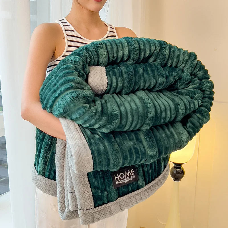 Soft Thicken Stripped Coral Velvet Blanket Throw Blanket Solid Cozy Jacquard Flannel Fleece Cover Blanket for Bed Double Couple