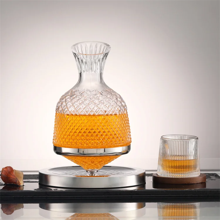 1500ml Silver Diamond Shape Liquor Whiskey Glass Bottle Decanter Crystal Rotating Wine Decanter
