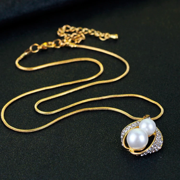 
2021 newest gold filled necklace shinny Rhinestone with Pearl Jewelry set necklace ring and earrings jewelry set for party 