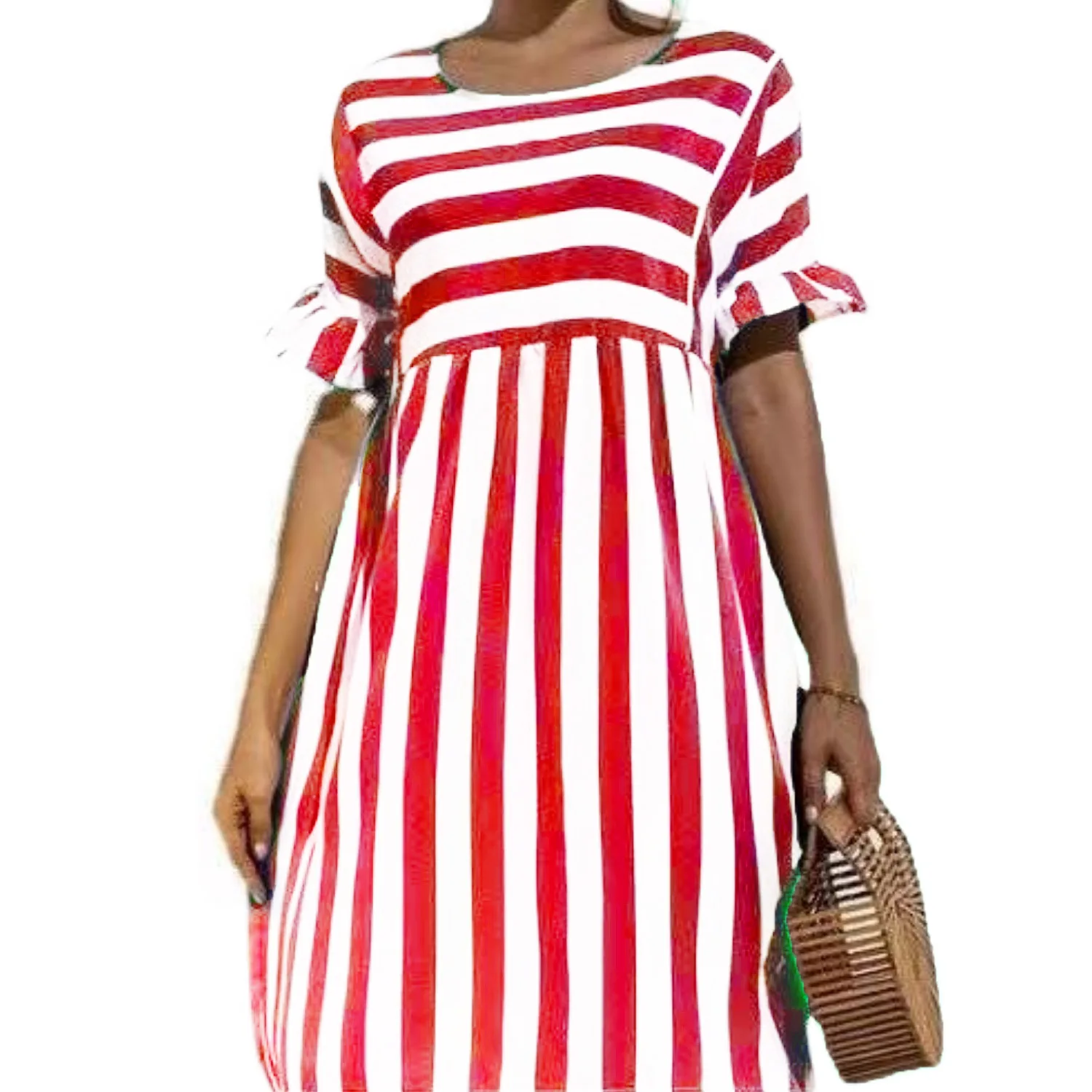 Elegant feminine pleated sleeve striped flaps the line dress casual waist high neck loose pocket beach dress wear