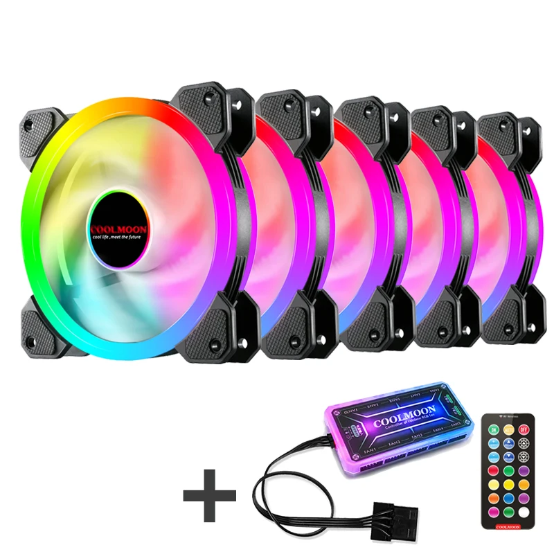 
 Кулер для корпуса компьютера COOLMOON, 120 мм RGB, 5 вентиляторов + 1 контроллер, кулер для процессора, охлаждающий вентилятор RGB  