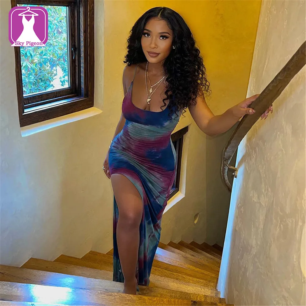 Newest Design Tie-Dye Print Sleeveless Irregularity Long Dress Summer Women Backless Ruffled Sexy Maxi Dress