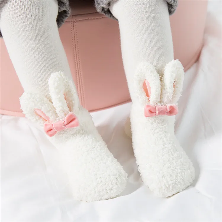 Wholesale cold winter warm thicken baby socks coral wool cartoon rabbit non-slip baby floor socks newborn baby socks