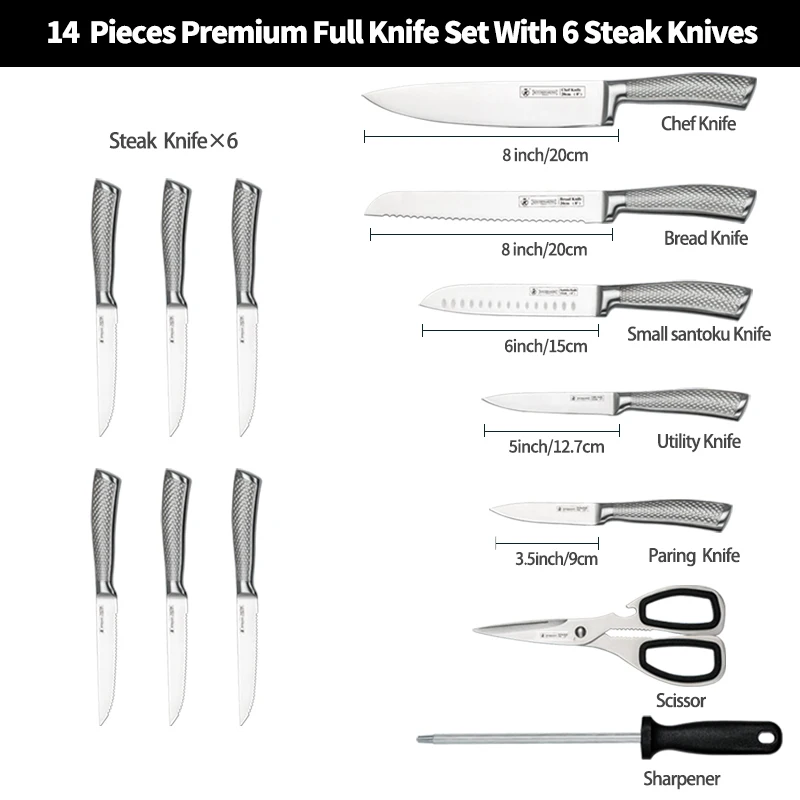 Kitchen King Amazon Hot Sale 14 pcs stainless steel kitchen chef knives set with wooden block serrated steak knives