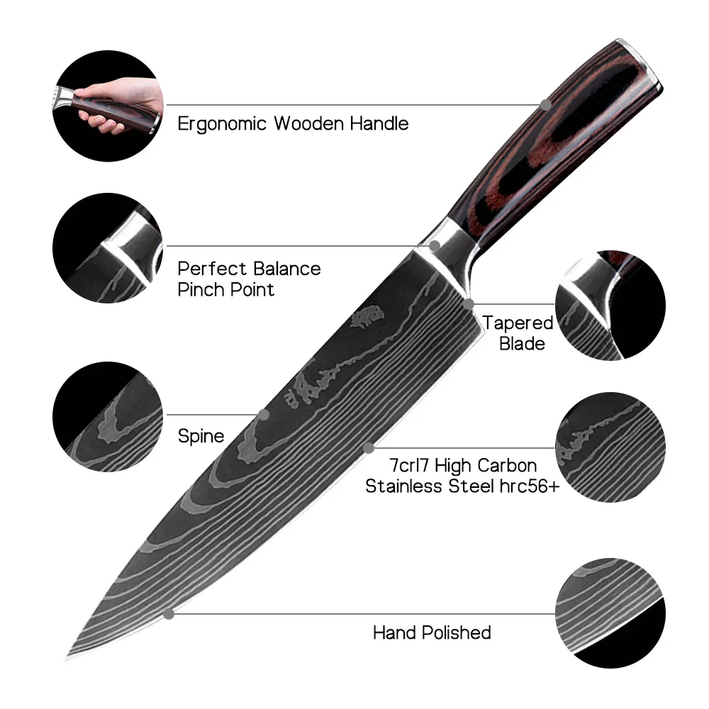 Stainless Steel Kitchen Knives Set Laser Damascus Veins Pakka Wood Handle Paring Santoku Nakiri Slicing Bread Chef Knife Set