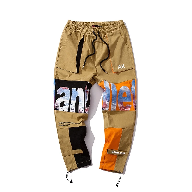 
High Street HIP HOP Letter Printed Splicing Men Khaki Baggy Pants Mens Baggy Chino Trousers Pants Wide Hips Pants 