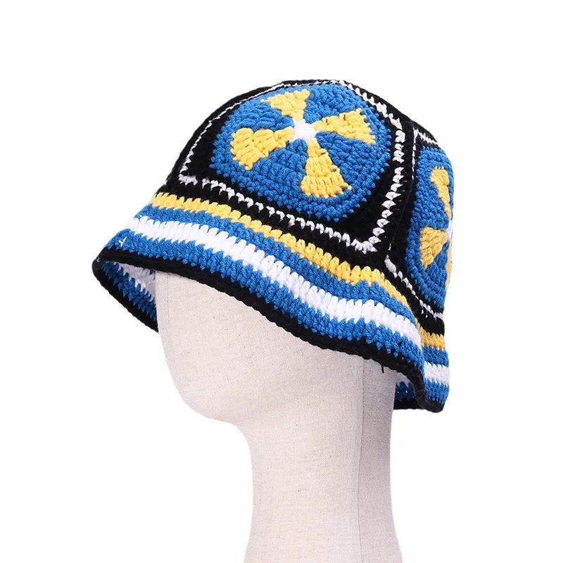 Fashion Multicolor Block Crochet Hand Made Fisherman Hats Crochet Beanies Sunflower Bucket Hat