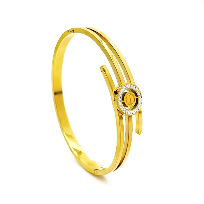 Opening 18K Gold Plated Watch Belt Tarnish Free Hollow Cubic Zirconia Titanium Stainless Steel Jewelry Bangles for Women
