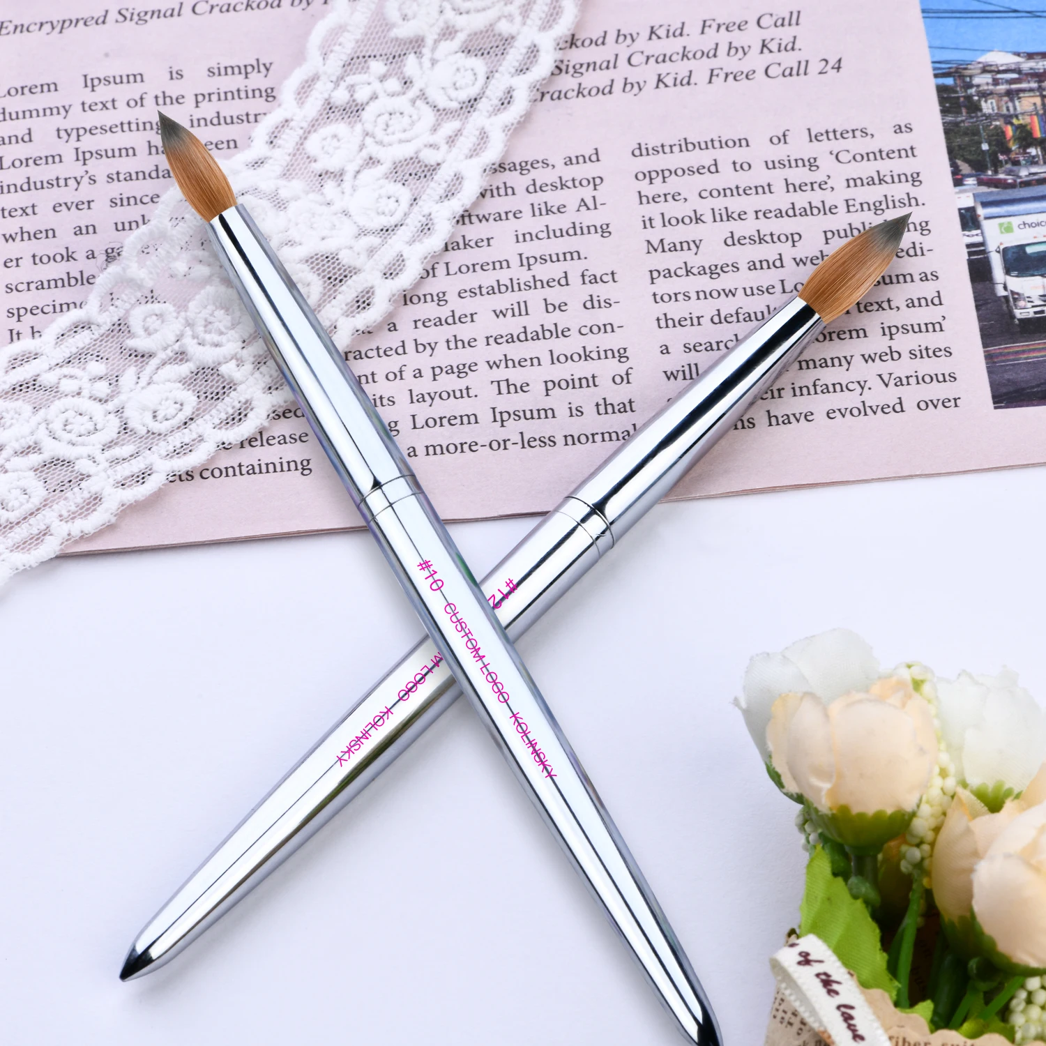 Wholesale Nail Acrylic Brushes Custom Metal Handle SIZE 8 10 12 14 16 Pure Kolinsky Crimped Kolinsky Acrylic Nail Brush