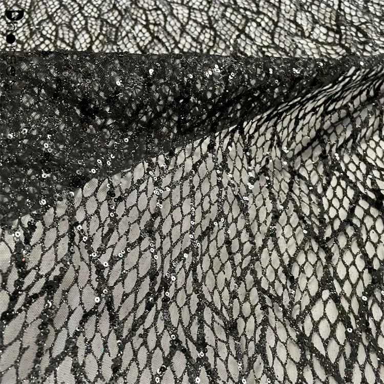 Elegant black sequin lace glitter tulle mesh fabric for evening dress