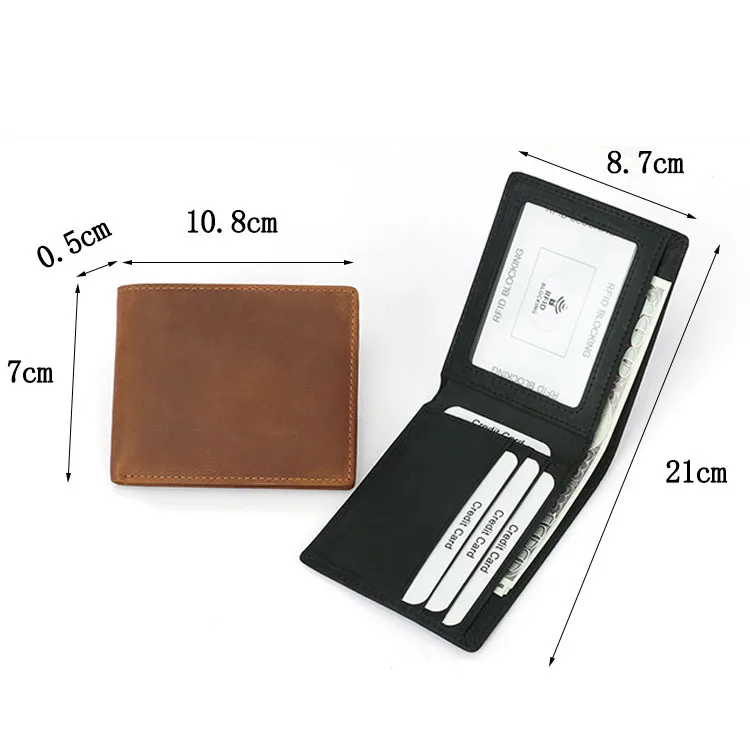 High Quality Luxury Cowhide Real Crazy Horse Leather Designer Small Vintage Bifold Slim Leather Wallet For Men