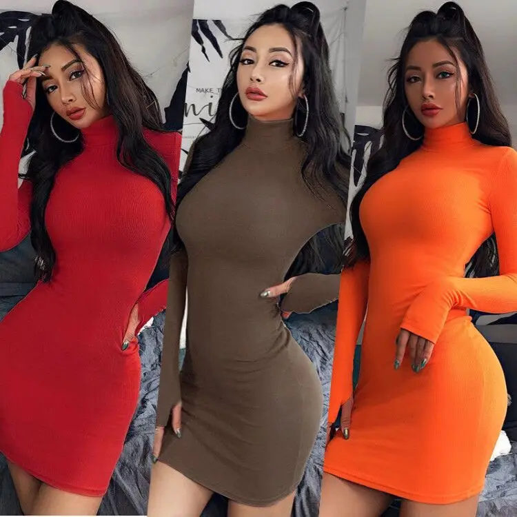 Women new solid color turtle neck long sleeve dresses fall and winter bodycon dress multi color sexy dresses