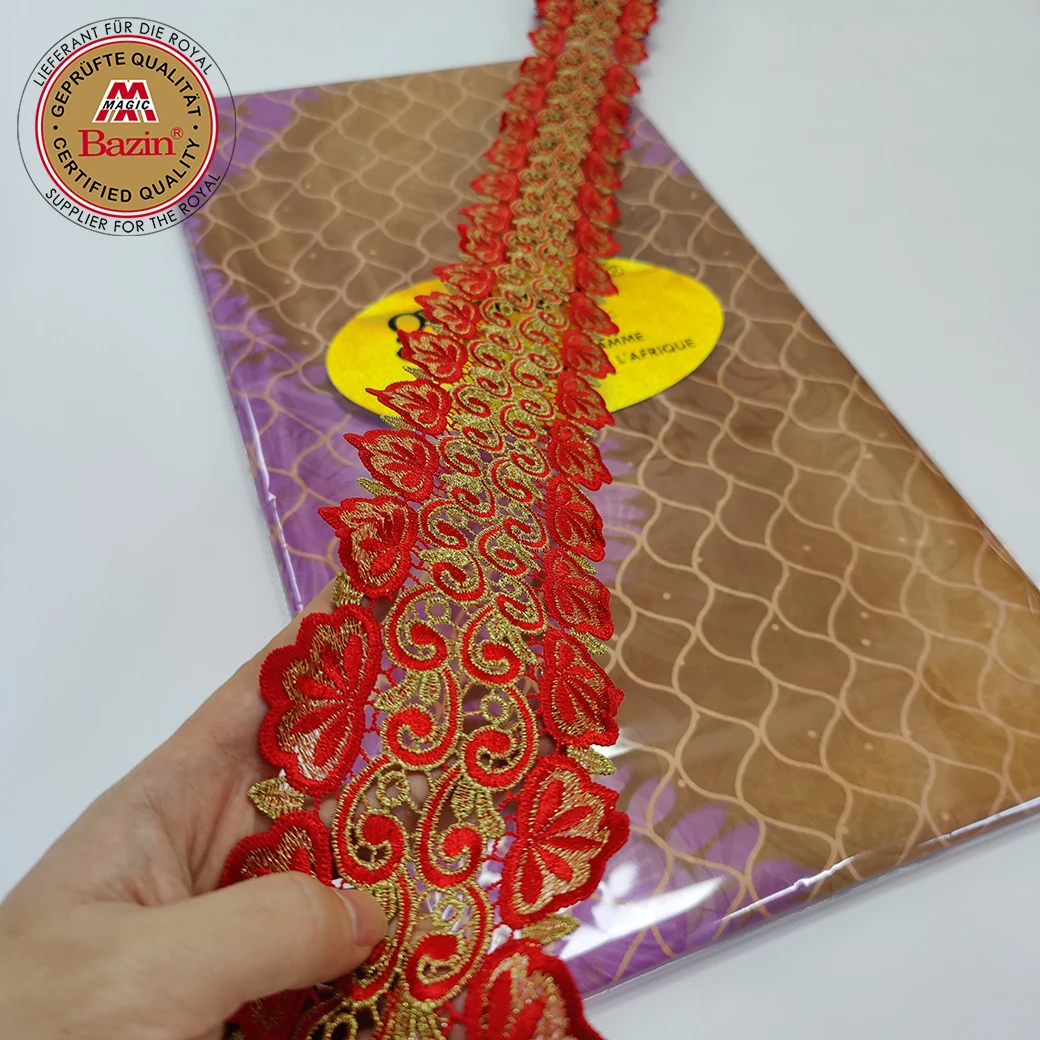 5+5 Yards Double Sides Printed Bazin Riche Fabric With Shiny Embroidery Ribbon For African Traditional Wedding Dresses Basin