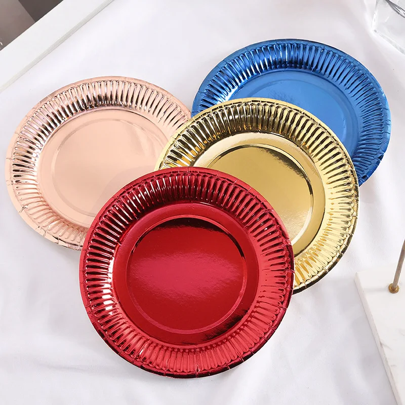 2023 Factory wholesale 7 inch luxury disposable tableware party decoration food cake tray rose blue yellow red gold paper plate