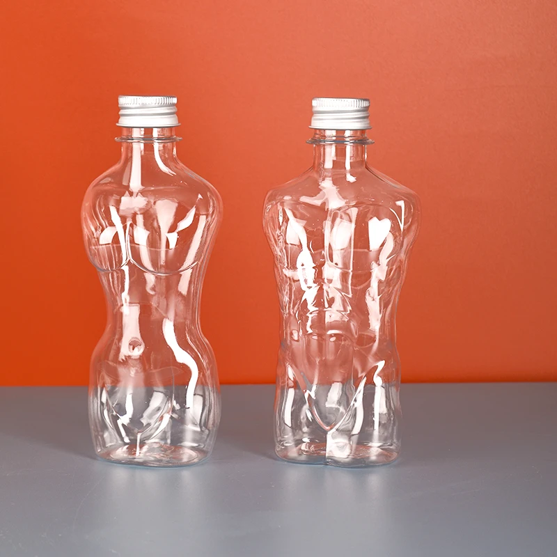 Luxury Beverage Packaging Bottles Set PET 500ml 200ml Women Female Body Shaped Bottle with Aluminum Lid