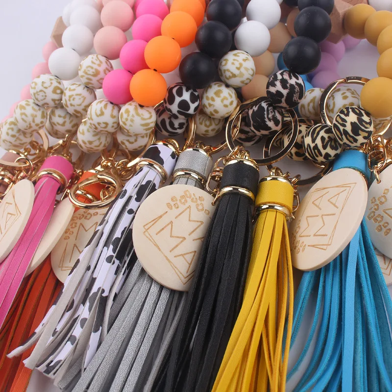 Silicone Beaded Wristlet Bangle ChainCute Key Ring Bracelet Car Key Chain Silicone Leopard Wristlet Keychain with Leather Tassel