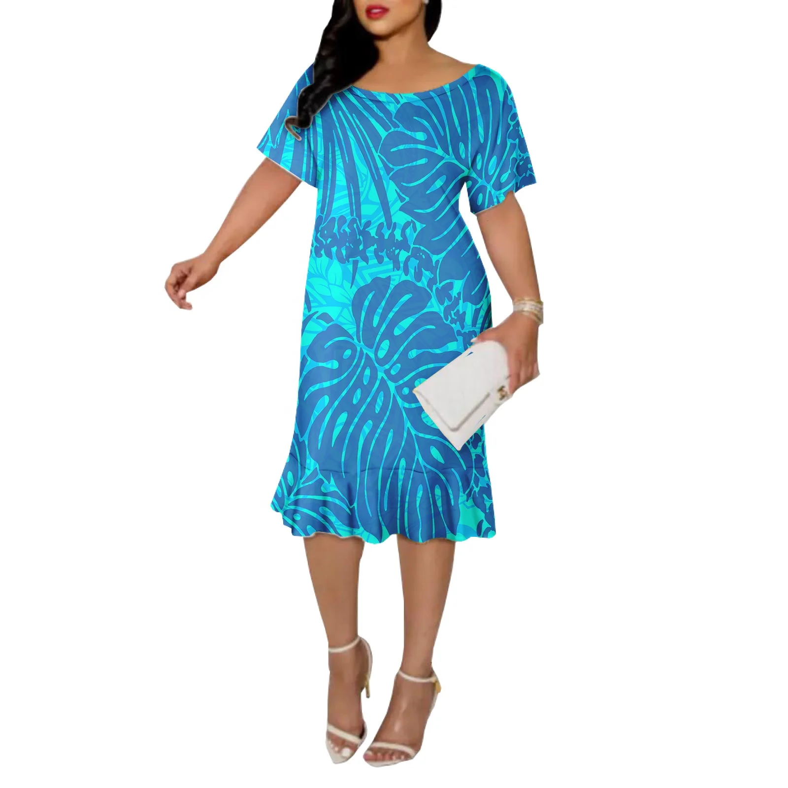 Blue Monstera Leaf O-Neck Casual Short Dress Hawaii Island Beach Vacation Wear Polynesian Puletasi Tribe Design Club Dresses