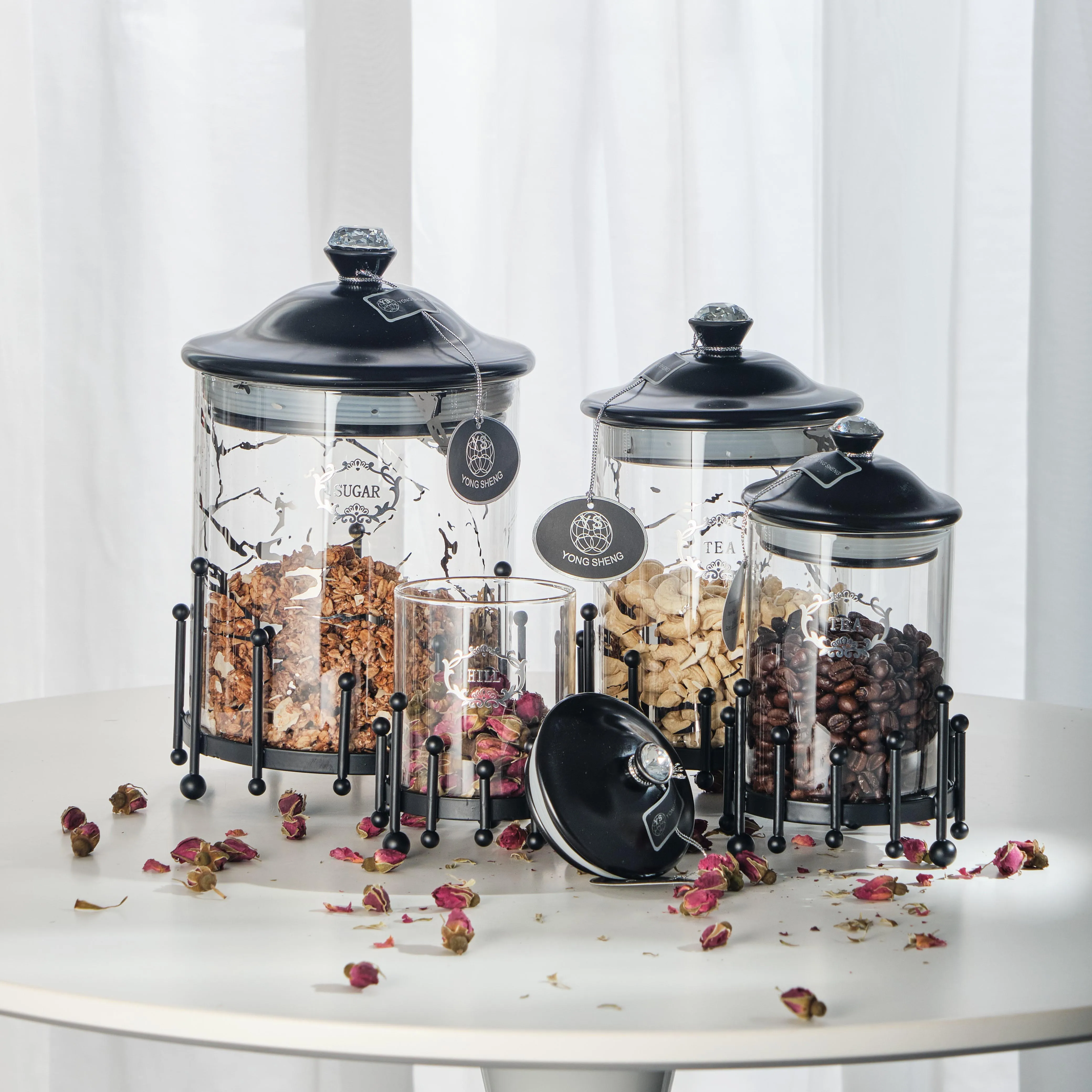 Food Sealed Canister Glass Kitchen Marble Design Luxury Gold Sliver Storage Canisters Glass Jar