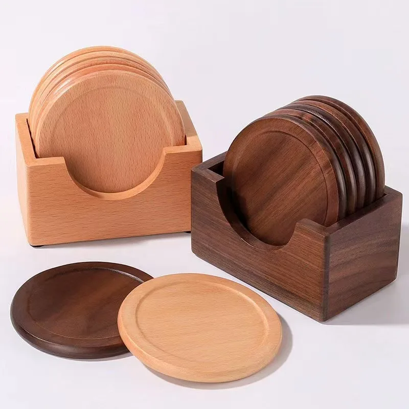 2024 Hot solid wood coaster Natural walnut pine beech bamboo family coffee table round square cup set coaster
