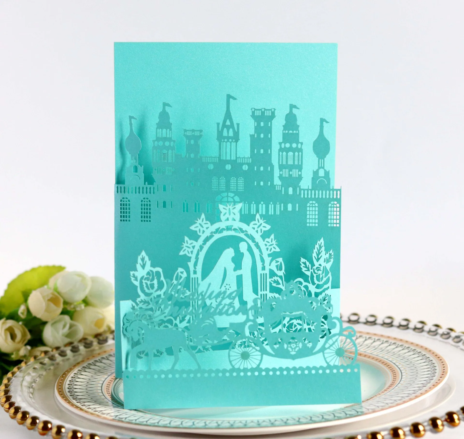 Wholesale Castle Carriage Wedding Cards Cutout Design Greeting Cards With Envelope
