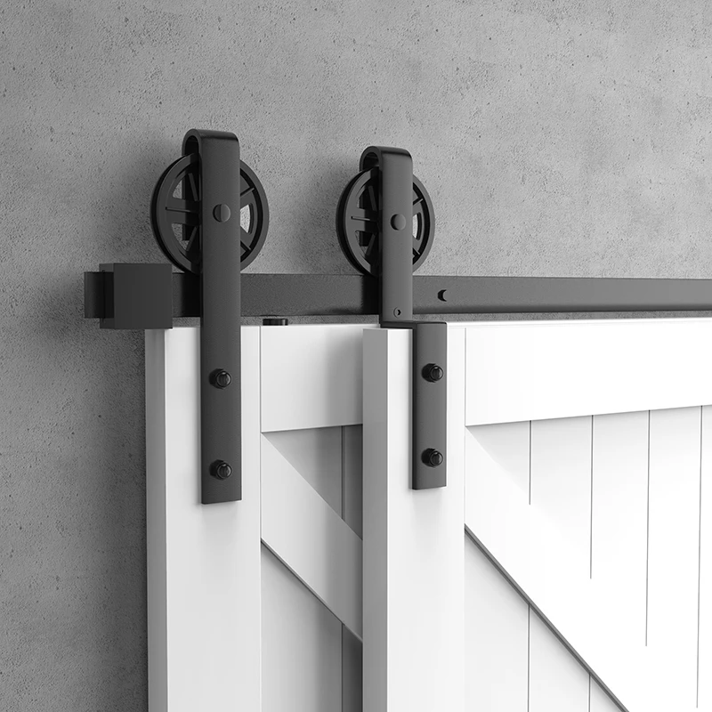 Super SJ2109 Modern Steel American Barn Door Hardware Kit Easy Install Quiet and Smooth Bypass with Wooden Door Roller