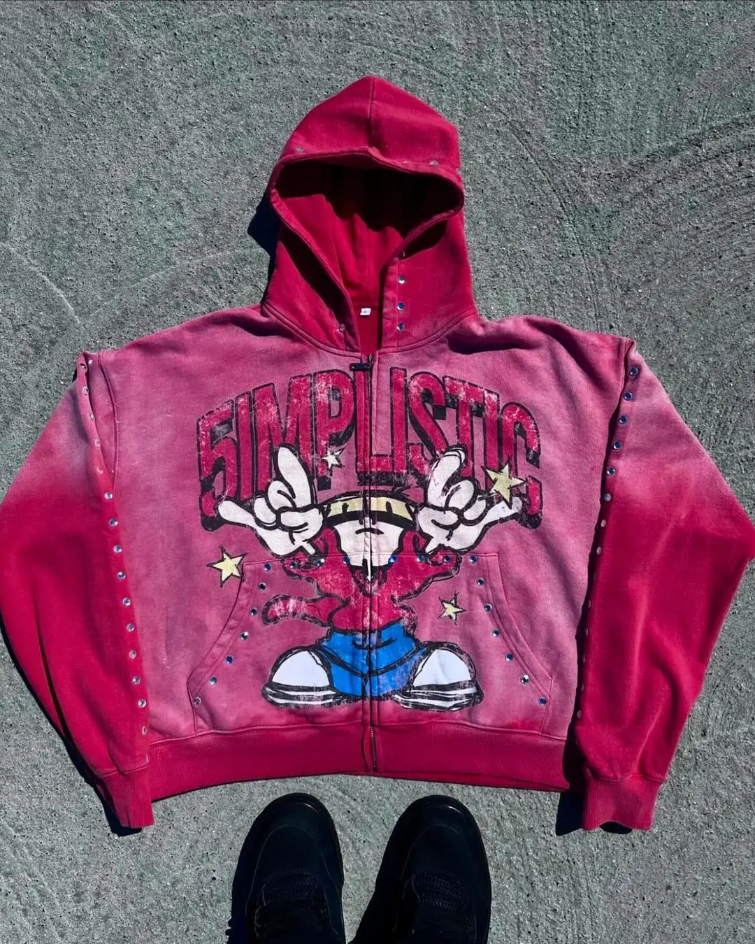 Custom 100% cotton acid wash  Boxy Fit  Hoodies Dtg Print Unisex Rhinestone Streetwear Vintage Sun Fade Acid Wash Zip Up Hoodie