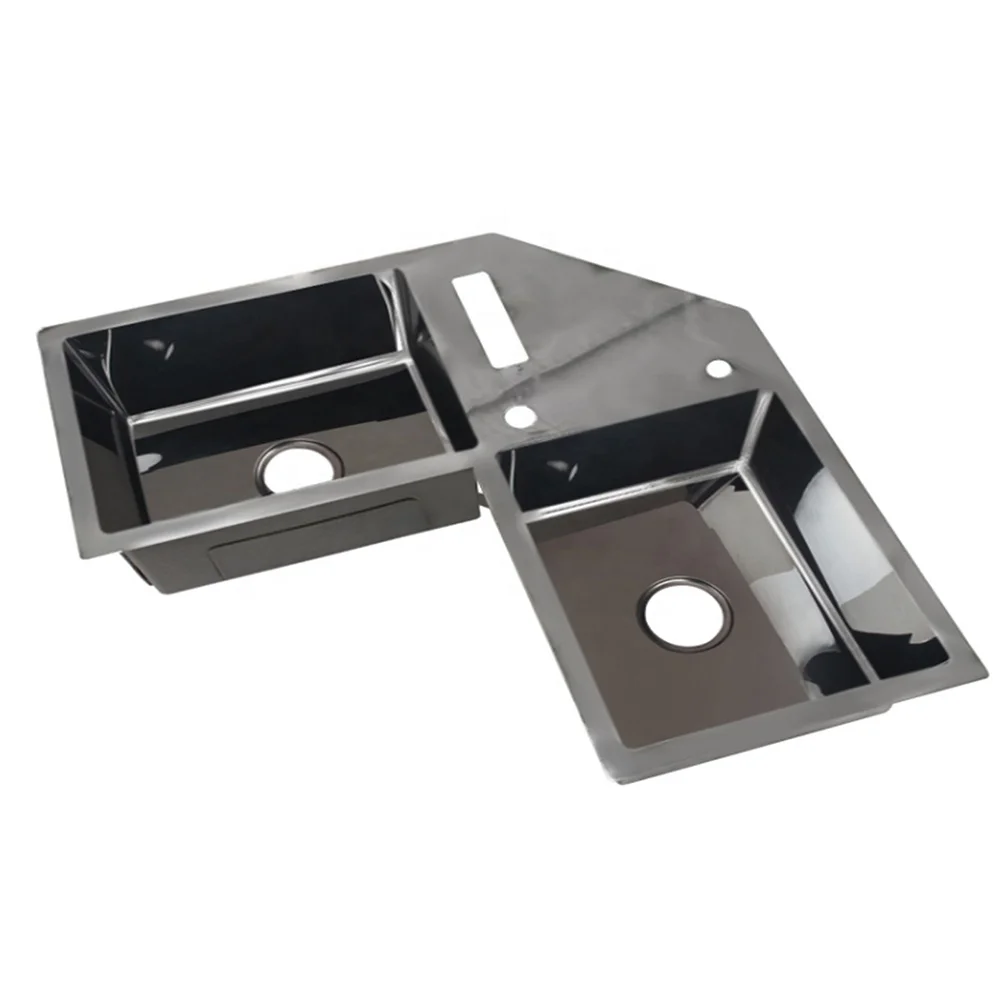 78x78cm Double bowl stainless steel corner kitchen sink with faucet hole and soap dispenser hole and basket