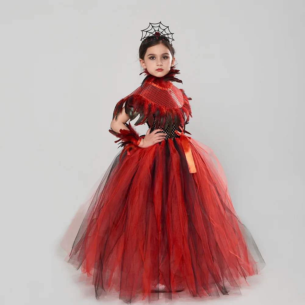 Baige Girls Queen Halloween Carnival Party Costume New Update Red Tutu Dress with Demon Vampire Theme for Holiday Celebrations