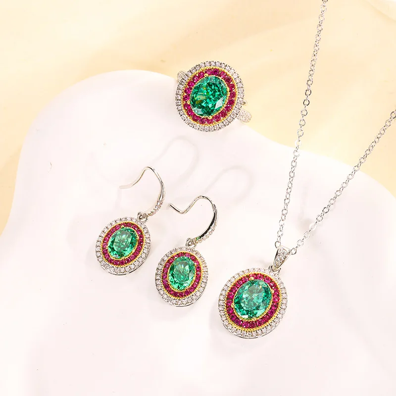 Vintage fashion jewelry sets High Carbon Diamonds Ice Cut Emerald Diamonds ring earrings pendant necklace