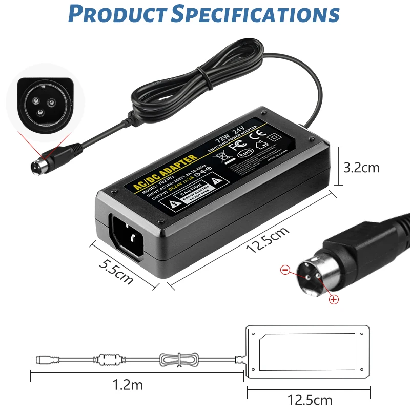 Safety Mark 3 Pin 24v 3a 2.5a printer power supplier adapter charger for epson