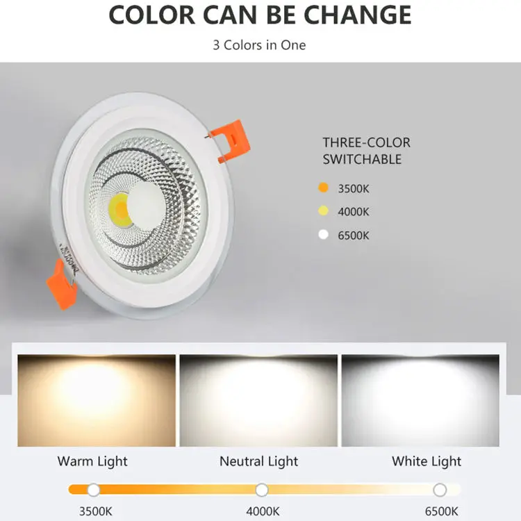Indoor Hotel Home Office Lighting Recessed Mounted 5w 7w 10w 15w 25w 3 Color In One Down Light COB Ceiling Glass Led Downlight