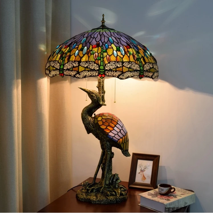 Tiffany table lamp stained glass table lamp resin base W20 H34 inch male crane vintage bar table lamp