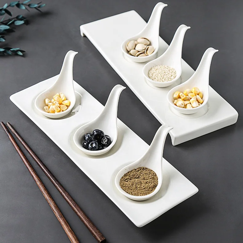 Factory Wholesale White Porcelain Serving Dish Set with Tray Ceramic Spices Dishes for Dining Tables