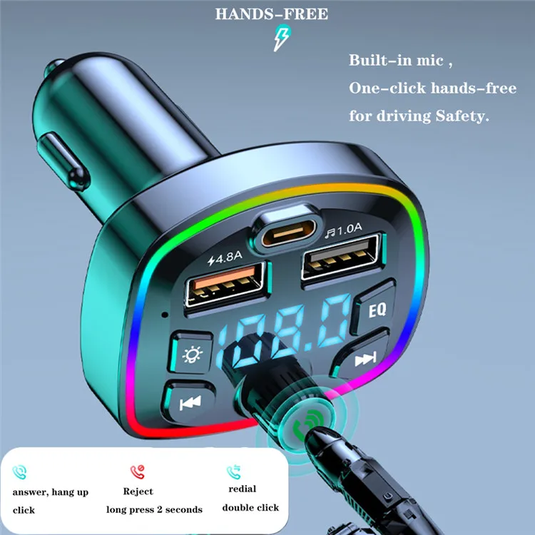 USB 4.2A Car Wireless 5.0 Charger FM Transmitter PD 18W Type-C Dual Colorful MP3 Music Player