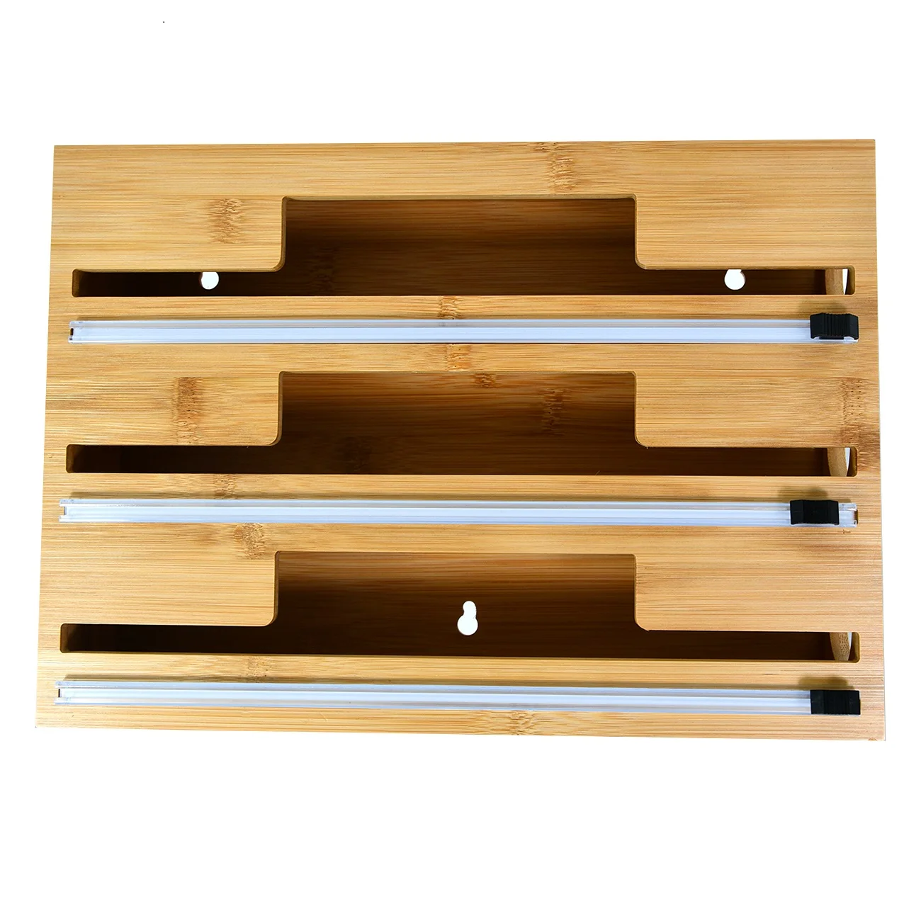 Wood Plastic Wrap Roll Organizer Holder 3 In 1 Bamboo Tin Foil Dispenser with Cutter and Labels Screw for Wall Mounted