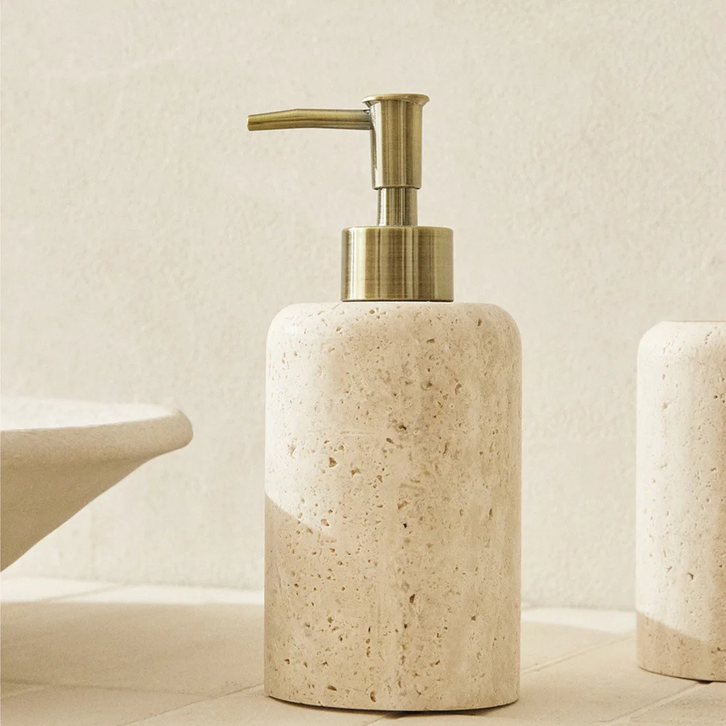 HZX Nordic Champagne Marble stone Travertine Decor bathroom Accessories set dispenser marbled soap