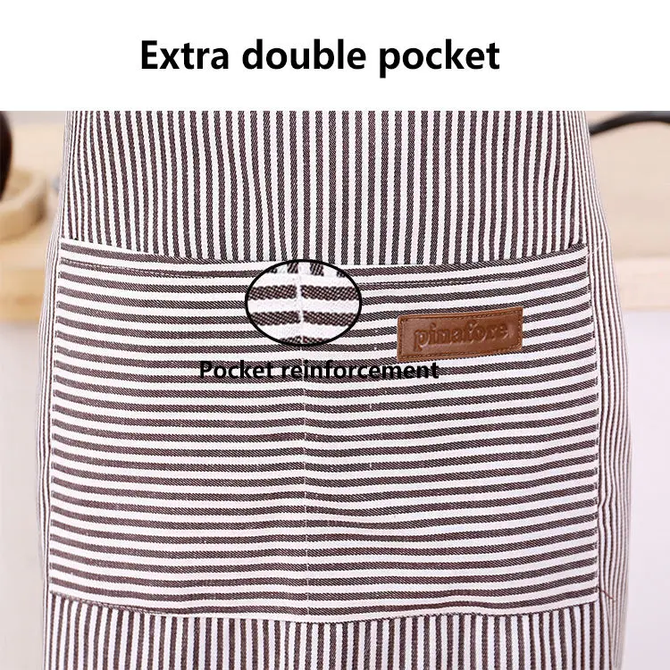 Logo Custom Wholesale Unisex Cooking Bib with 2 Pockets Vintage Ticking Stripe Pattern Red White Bakers Apron