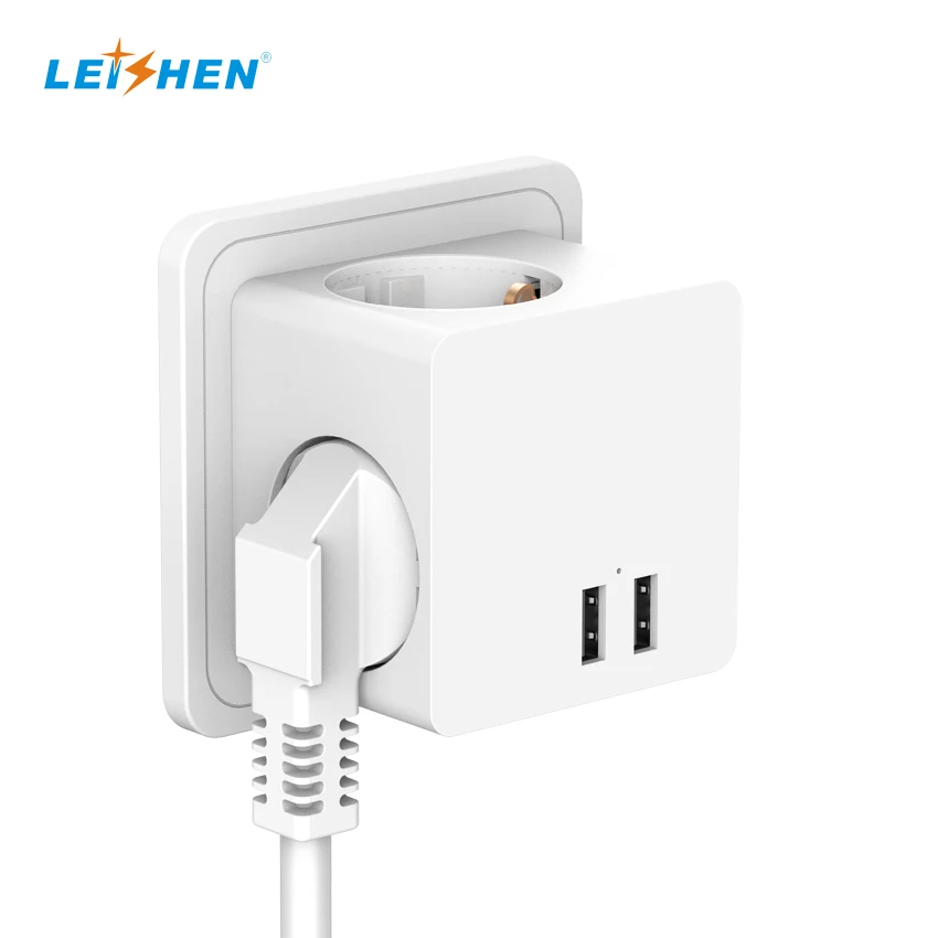 Leishen CE KEMA Listed Dual USB A 3 AC Outlets EU Travel Adapter 250V/16A 5-in-1 Cube Outlet Power Cube Socket Adapter EU Plug