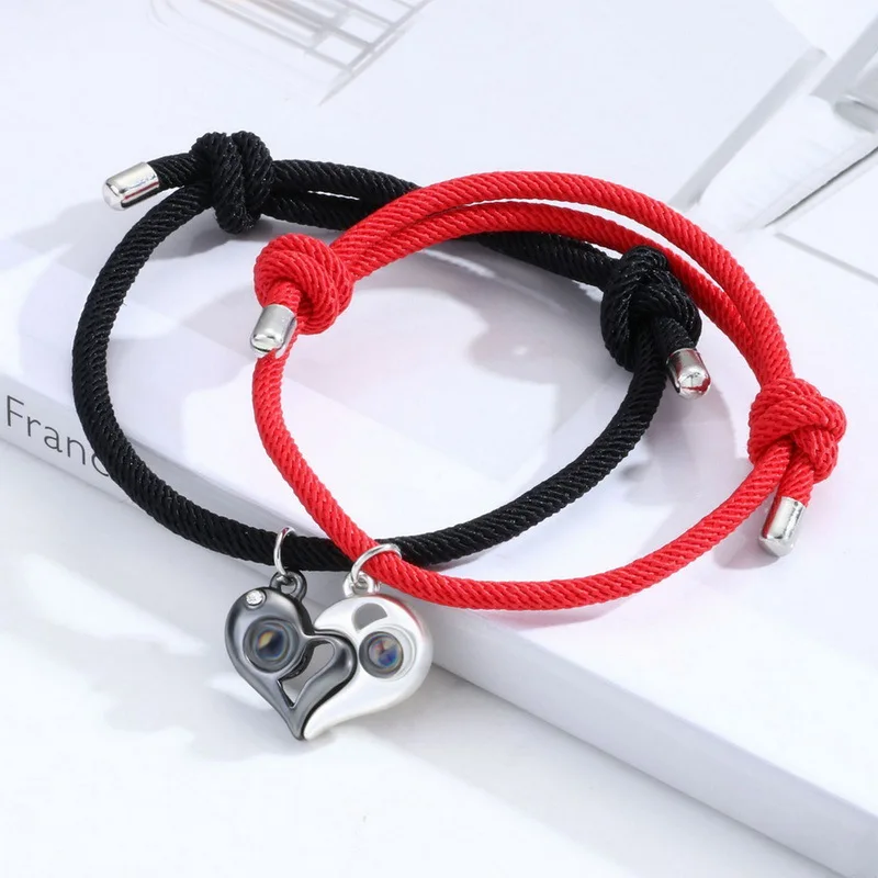Hot sale fashion red and black string heart couple bracelet splicing magnetic weaving adjustable bracelet set