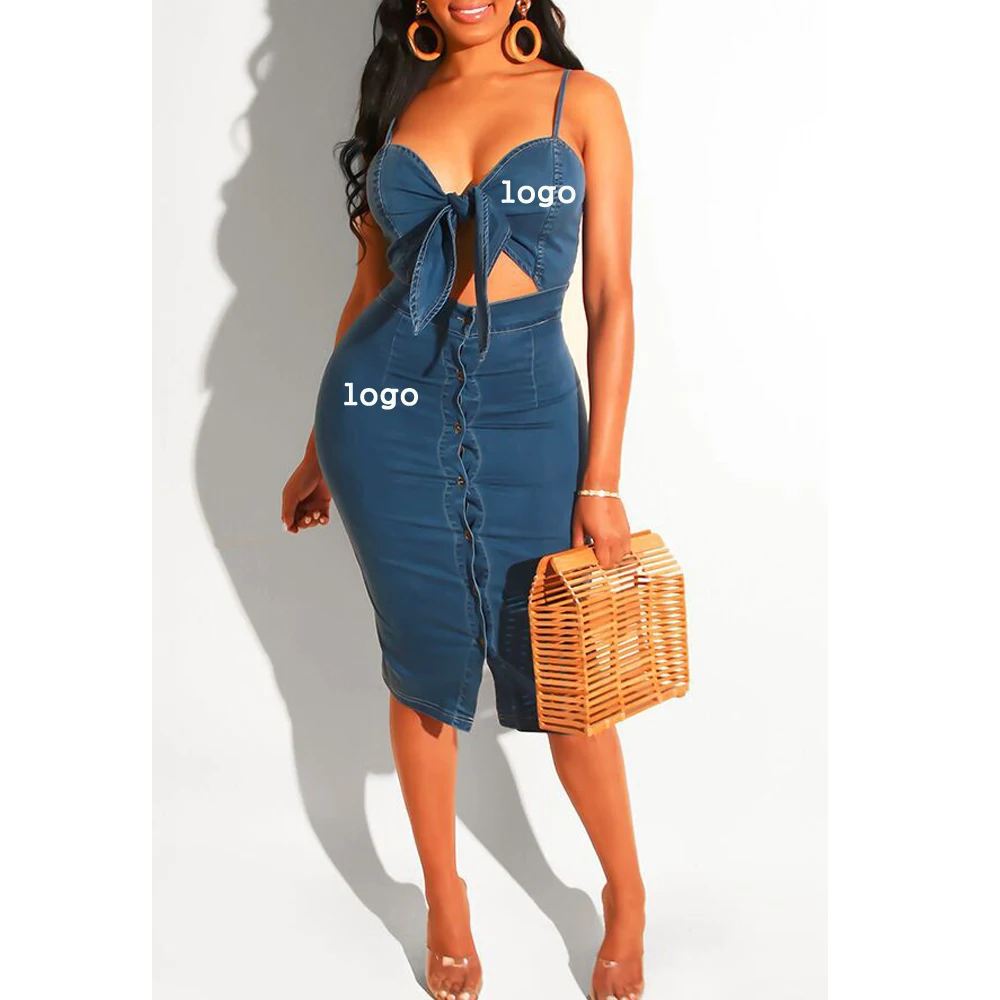 Custom logo Summer casual solid loose off shoulder maxi long women denim dress
