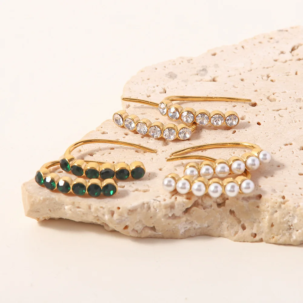 Petite Horseshoe Shiny Zircon Pearl Snake 18K Gold Plated 316L Stainless Steel Open Stud Earrings /