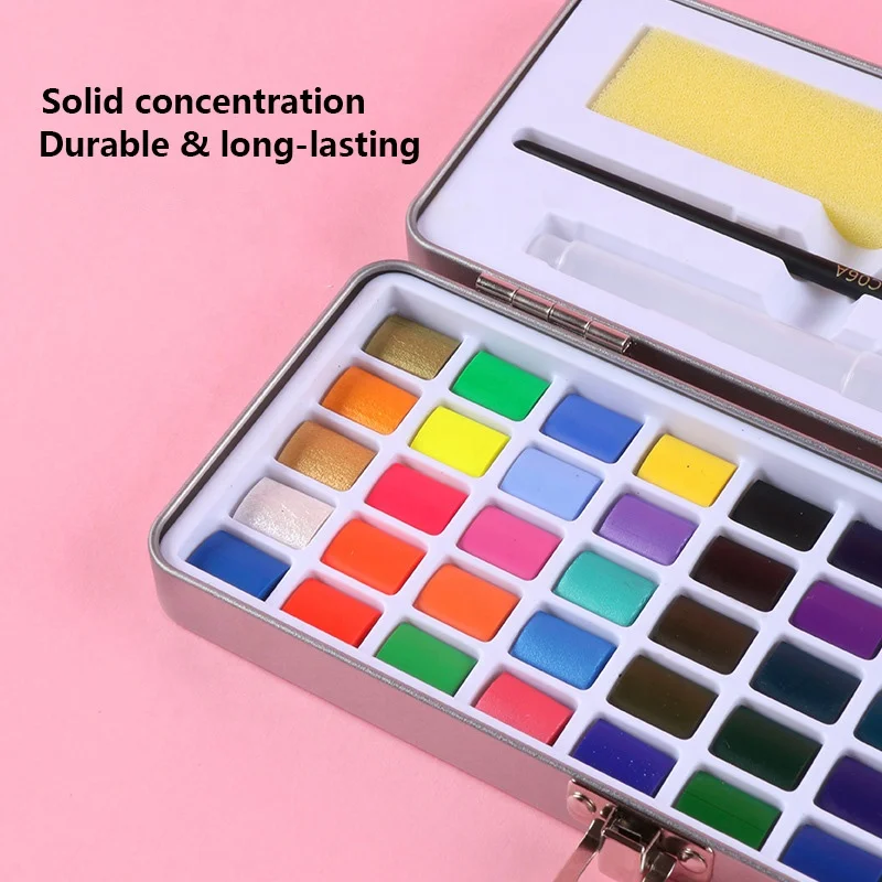 Glitter 50 Colors Solid Watercolor Set High Quality Pearlescent Paints  with Brushes in case Watercolor Pigment for Art Drawing