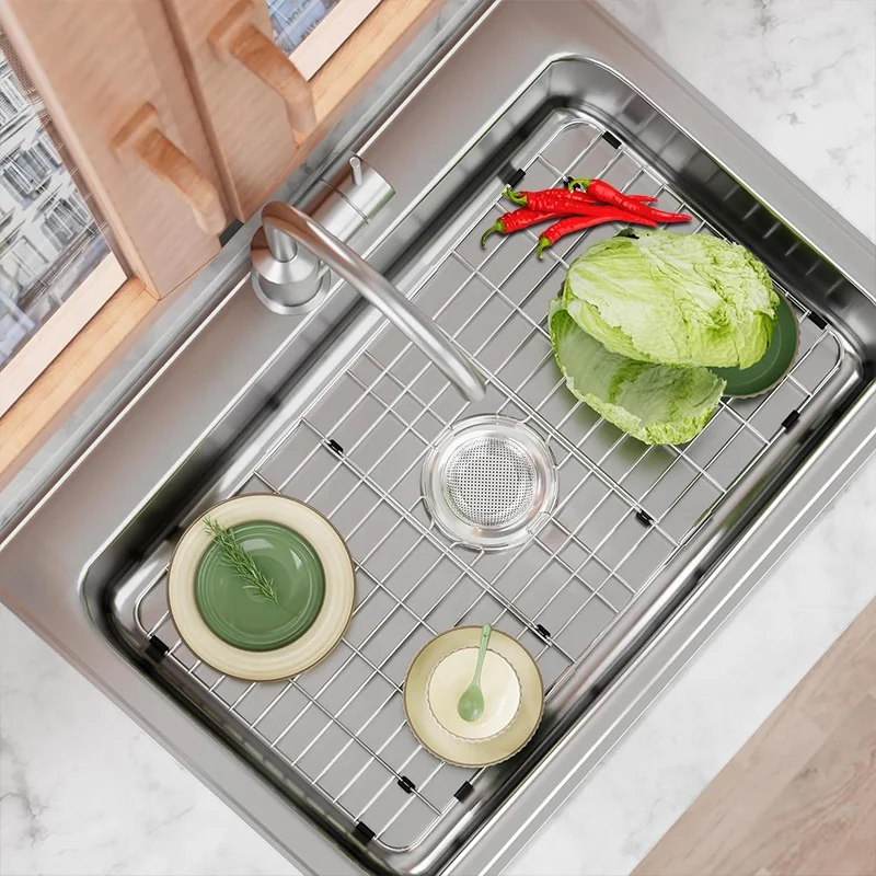 Detachable Stainless Steel Basin Rack Bottom Grid Kitchen Sink Protector For Dish Sink With Centered Drain For Single Bowl