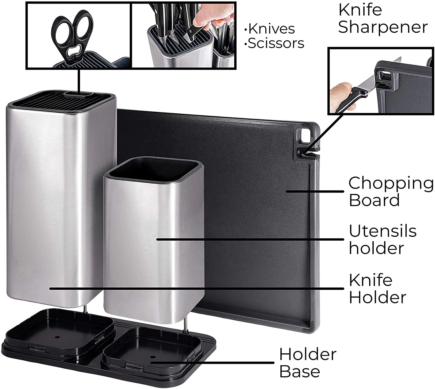 Easy Drainage Holes Stainless Steel Universal Magnetic Utensil Holder and Knife Block with Cutting Board Set