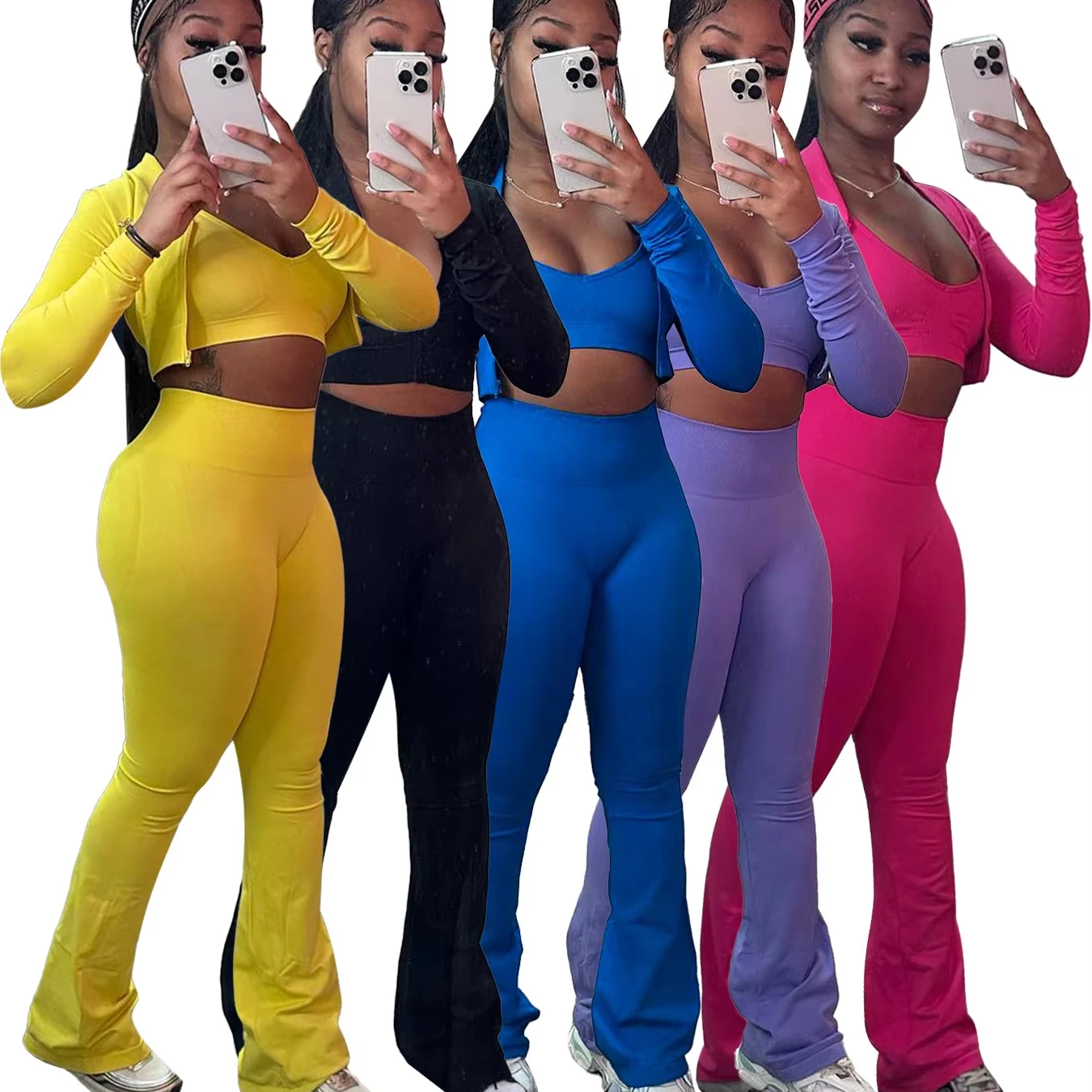 3PCS Yoga Set Women Workout Sets Sportswear Gym Clothing Fitness zipper Long Sleeve High Waist Bell-bottoms Pants Sports Suits