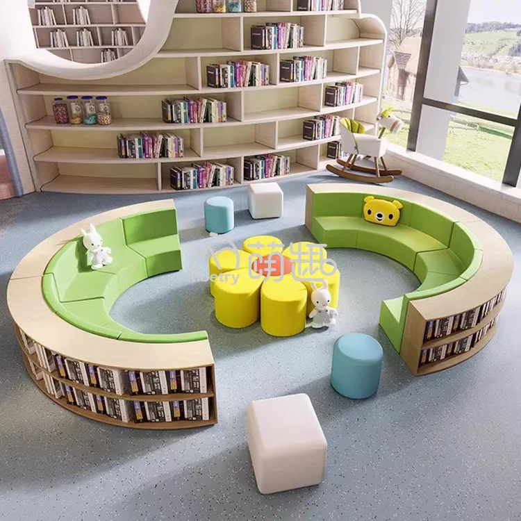 Moetry Wooden Curved Reading Bench School Bookshelf Modern Library Bookcase For Children Youth Library Literacy Center