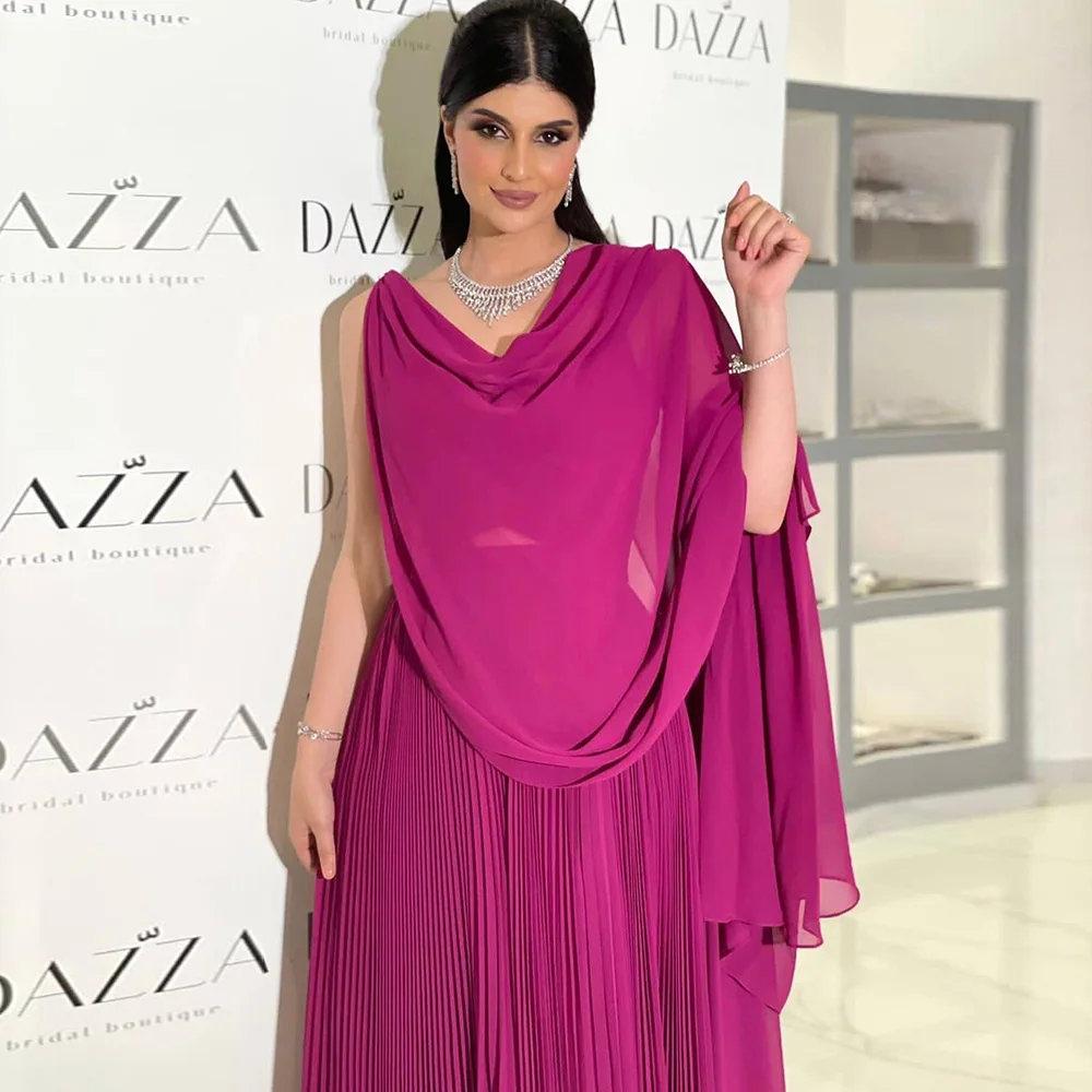 Arabic Fuchsia Chiffon Dubai Evening Dresses With Cape Sleeves Elegant Yellow Women Wedding Party Formal Gowns