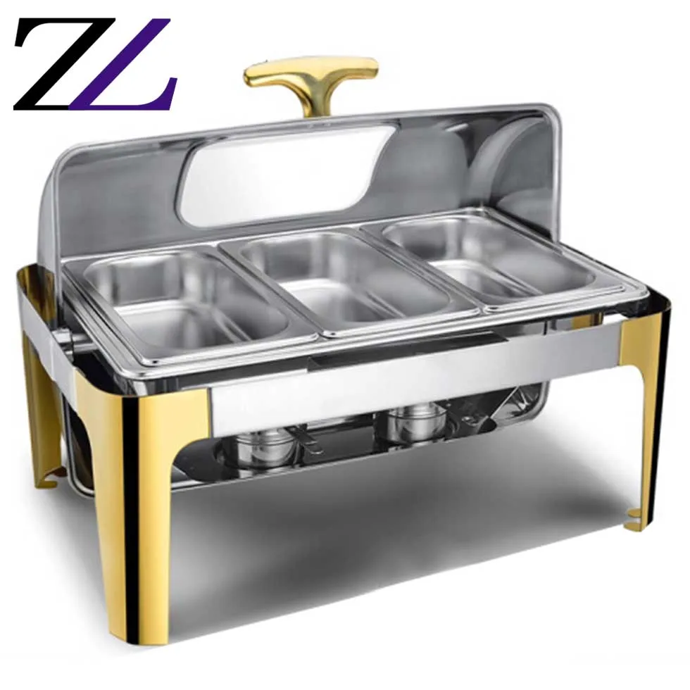 Catering buffet serving stove chaffers square widows food warmer roll-top lid chaffer stainless steel modern chafing dish deluxe