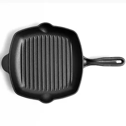 Cast Iron Non-stick Square Grill Pan with Helper Handle Stripe Thickened Steak Skillet for Camping Outdoor